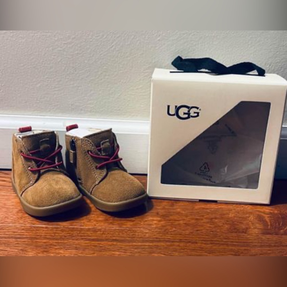 UGG Kids Brown Suede Lace-Up Boots with Red Accents